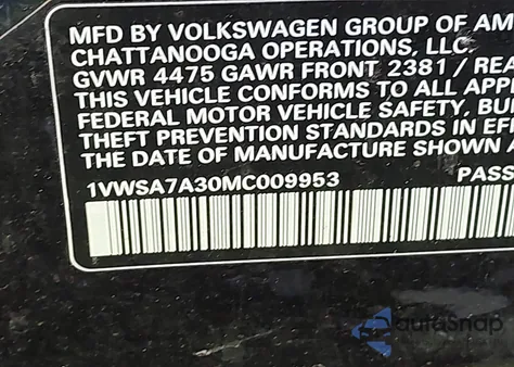 2021 Volkswagen Passat 2.0T Se z USA, uszkodzony, nr VIN 1VWSA7A30MC009953